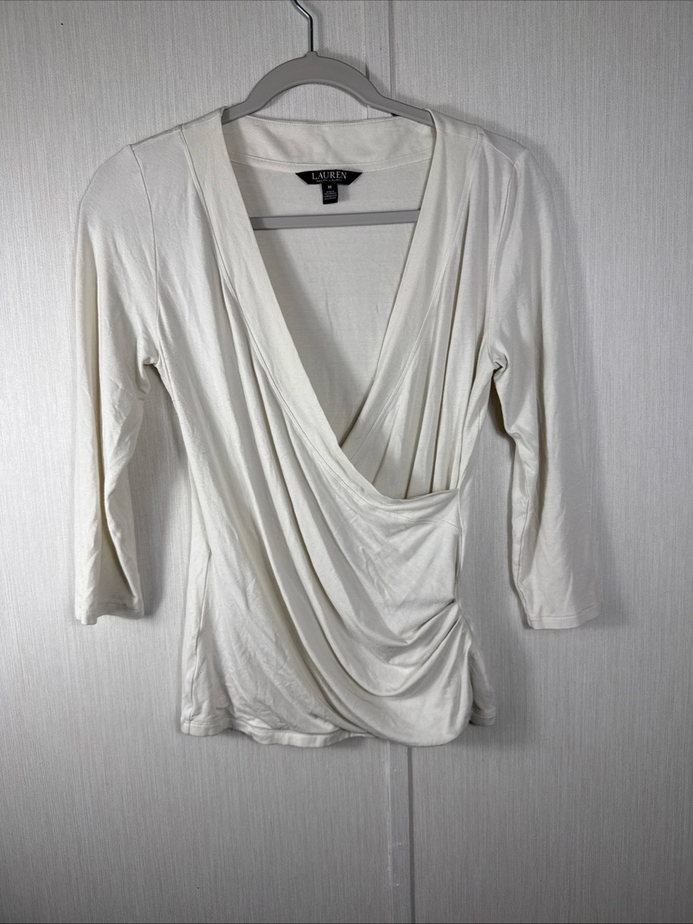 Lauren Ralph Lauren M Black Label Vanilla Faux Wrap Top 3/4 Sleeve Y2K Style